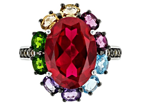 Red lab created ruby rhodium over silver ring 7.12ctw