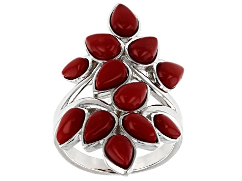 Red coral rhodium over silver ring