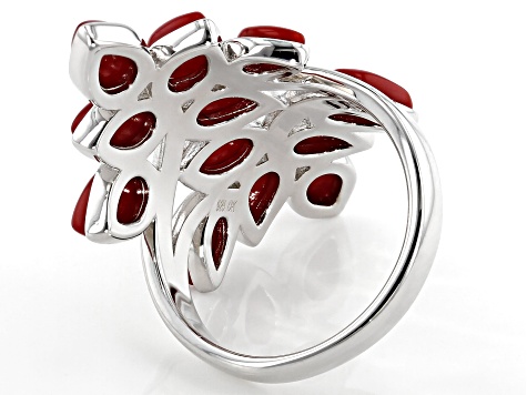 Red coral rhodium over silver ring