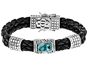 Blue turquoise rhodium over silver leather cord bracelet