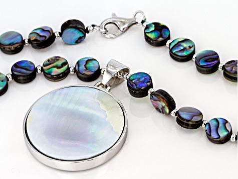 Multi-color abalone shell silver bead necklace