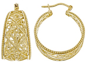 18k Yellow Gold Over Silver Filigree Hoop Earrings 32mm
