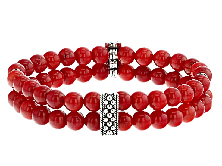 Multi-strand Red Coral and Sterling Silver Beaded Bracelet