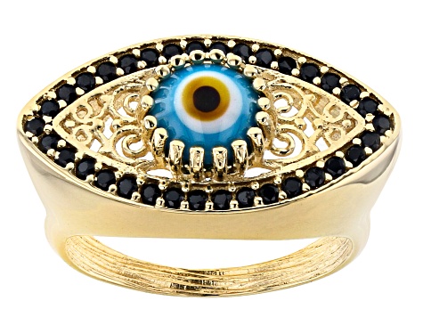 Black Spinel 18K Yellow Gold Over Silver Evil Eye Ring 0.50ctw