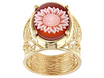 Picture of Red Agate &  Resin Cameo 18K  Yellow Gold Over Sterling Silver Sunflower Ring