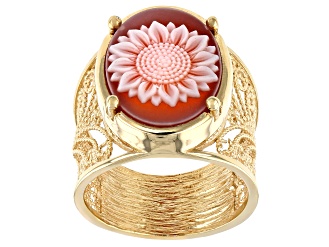 Red Agate &  Resin Cameo 18K  Yellow Gold Over Sterling Silver Sunflower Ring