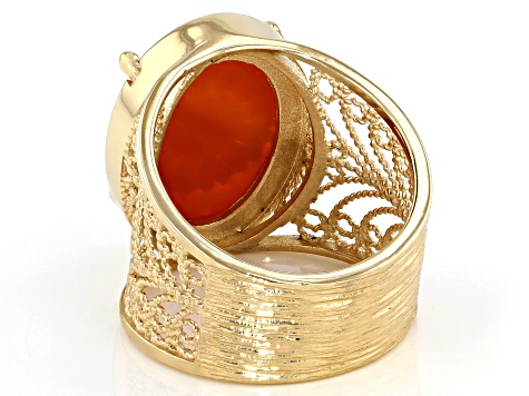 Red Agate &  Resin Cameo 18K  Yellow Gold Over Sterling Silver Sunflower Ring