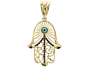 Black Spinel 18K Yellow Gold Over Sterling Silver Hamsa Hand With Evil Eye Enhancer 0.40ctw