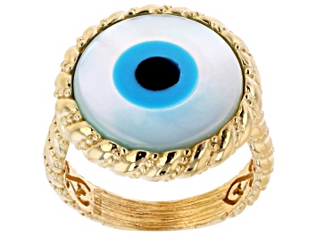 Picture of Mother of Pearl Evil Eye 18K Yellow Gold Over Sterling Silver Ring