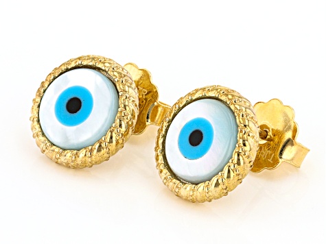 Round Mother of Pearl Evil Eye 18K Yellow Gold Over Sterling Silver Earrings