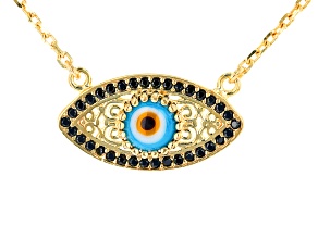 Multi-Color Crystal & Black Spinel 18K Yellow Gold Over Silver Evil Eye Necklace .21ctw