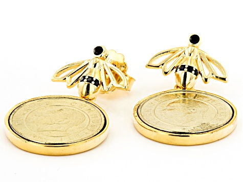 Black Spinel & Turkish Coin 18K Yellow Gold Over Sterling Silver Bee Earrings 0.20ctw