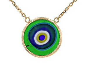 Round Green Evil Eye 18k Yellow Gold Over Sterling Silver Necklace
