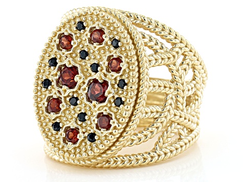 Garnet And Black Spinel 18k Yellow Gold Over Sterling Silver Ring