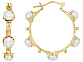 White Cultured Freshwater Pearl 18k Yellow Gold Over Sterling Silver Hoop Earrings