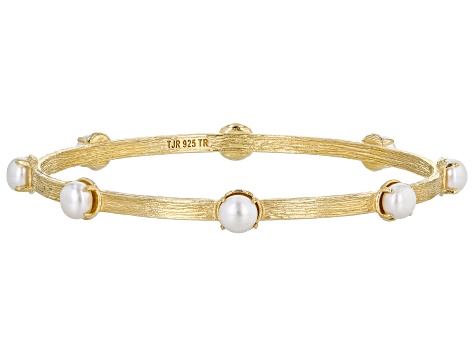 White Cultured Freshwater Pearl 18k Yellow Gold Over Sterling Silver Bangle  Bracelet