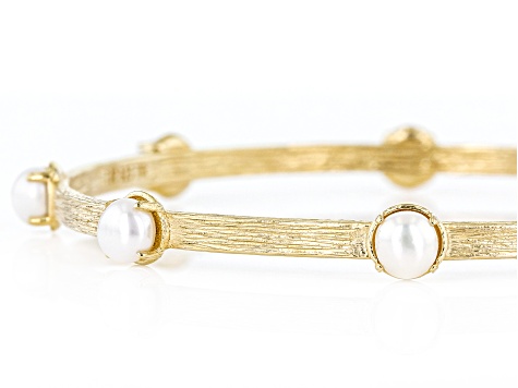 White Cultured Freshwater Pearl 18k Yellow Gold Over Sterling Silver Bangle  Bracelet