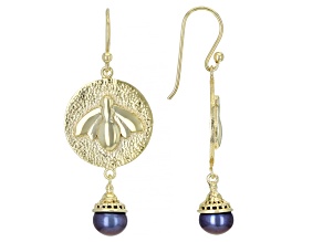 Black Cultured Freshwater Pearl 18k Yellow Gold Over Silver Bee Dangle Earrings