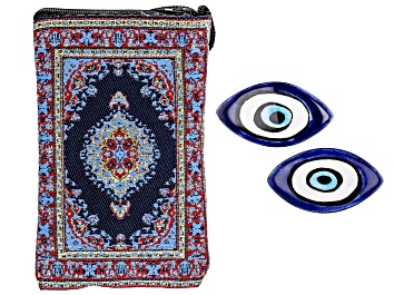 Picture of Set of 2 Loose Blue Ceramic Evil Eyes and Multi-Color Draw String Pouch