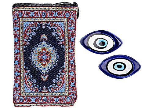 Set of 2 Loose Blue Ceramic Evil Eyes and Multi-Color Draw String Pouch