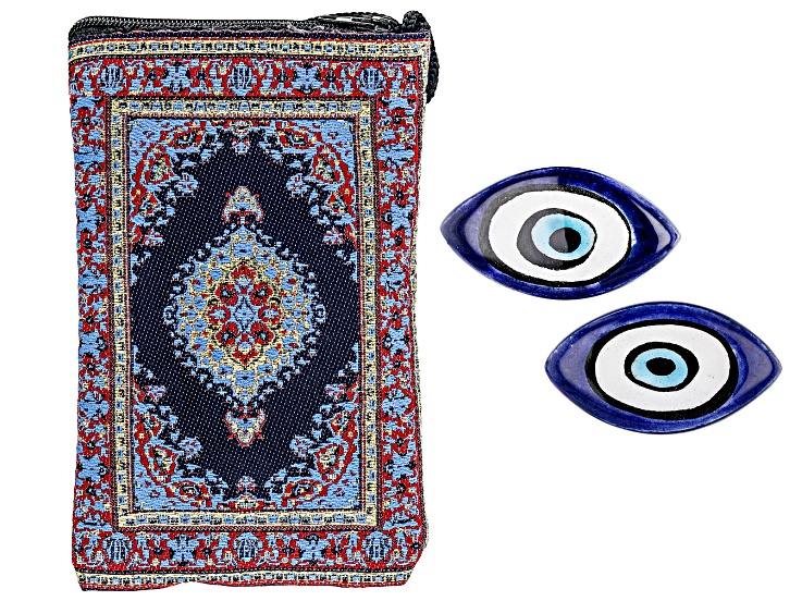 Set of 2 Loose Blue Ceramic Evil Eyes and Multi-Color Draw String