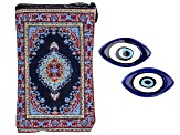 Set of 2 Loose Blue Ceramic Evil Eyes and Multi-Color Draw String Pouch