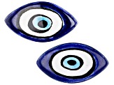 Set of 2 Loose Blue Ceramic Evil Eyes and Multi-Color Draw String Pouch