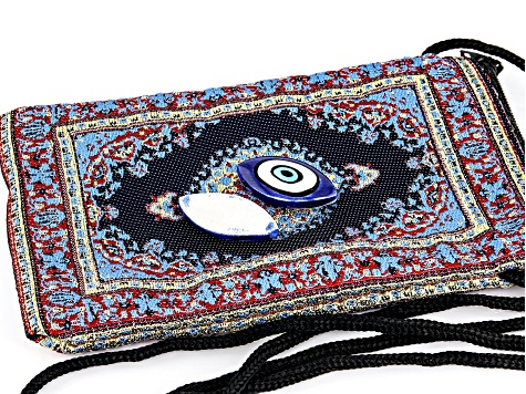 Set of 2 Loose Blue Ceramic Evil Eyes and Multi-Color Draw String Pouch