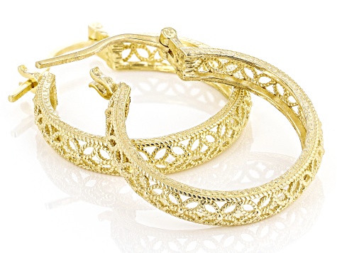 18k Yellow Gold Over Sterling Silver Filigree Hoop Earrings