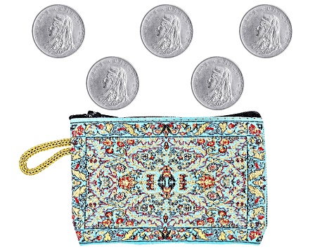 Set of 5 Turkish Lira Coins and Blue Coin Holder
