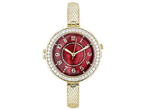 Red Mother of Pearl 18k Yellow Gold Over Bronze with White Cubic Zirconia Dial Watch 1.15ct