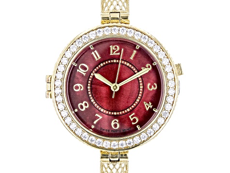 Red Mother of Pearl 18k Yellow Gold Over Bronze with White Cubic Zirconia Dial Watch 1.15ct