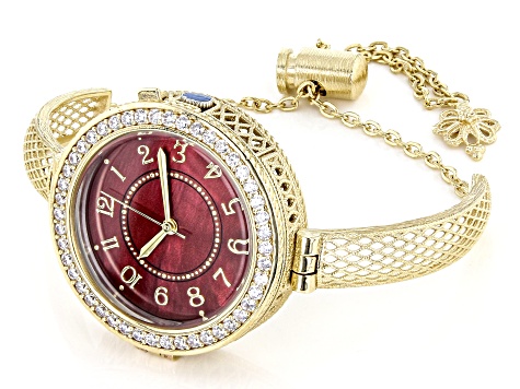 Red Mother of Pearl 18k Yellow Gold Over Bronze with White Cubic Zirconia Dial Watch 1.15ct