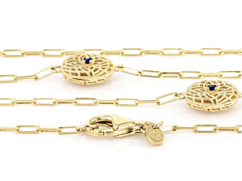 Blue Crystal 18K Yellow Gold Over Sterling Silver Double Sided Filigree Station Necklace