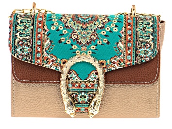 Picture of Gold Tone Imitation Leather & Blue Turkish Tapestry Fabric Clutch