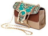Gold Tone Imitation Leather & Blue Turkish Tapestry Fabric Clutch