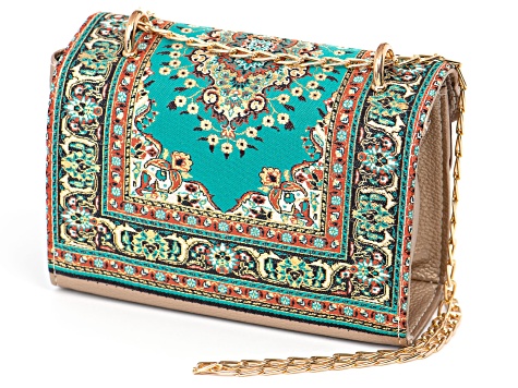 Gold Tone Imitation Leather & Blue Turkish Tapestry Fabric Clutch
