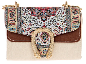 Gold Tone Imitation Leather & Red Turkish Tapestry Fabric Clutch
