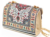 Gold Tone Imitation Leather & Red Turkish Tapestry Fabric Clutch