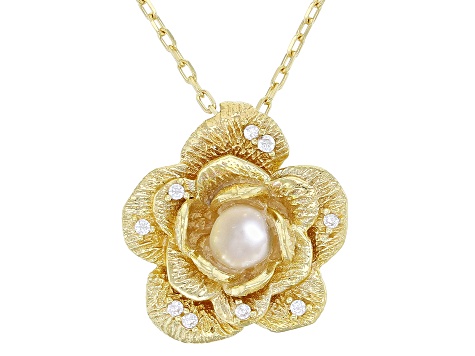 Pearl & Diamond Simulant 18K Yellow Gold Over Sterling Silver Flower ...