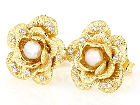 Pearl & Diamond Simulant 18K Gold Over Silver Flower Earring 0.20ctw