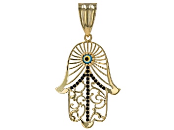 Picture of Multi-Color Enamel & Black Spinel 18K Yellow Gold Over 925 Hamsa Hand With Evil Eye Enhancer 0.18ctw