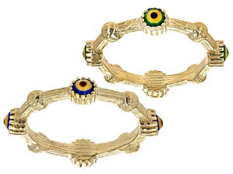 Multi-Color Enamel Set of Two 18k Yellow Gold Over Sterling Silver Evil Eye Rings