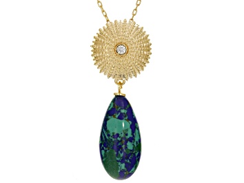 Picture of Azurmalachite Simulant With Cubic Zirconia 18K Yellow Gold Over Sterling Silver Necklace 0.06ct