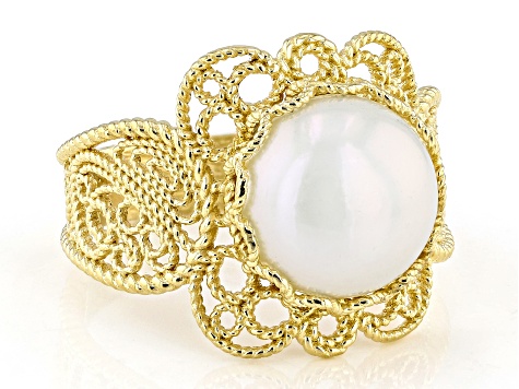 9.5-10.0mm Cultured Freshwater Pearl 18K Yellow Gold Over Sterling Silver Lace Ring