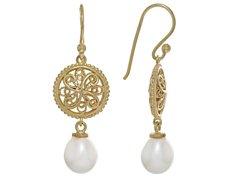 8-9mm Cultured Freshwater Pearl 18K Yellow Gold Over Sterling Silver Lace Earrings