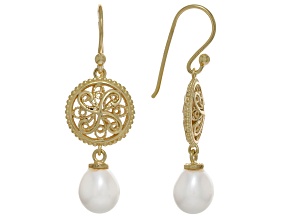 8-9mm Cultured Freshwater Pearl 18K Yellow Gold Over Sterling Silver Lace Earrings