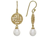 8-9mm Cultured Freshwater Pearl 18K Yellow Gold Over Sterling Silver Lace Earrings