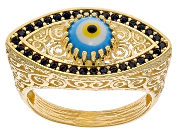 Picture of Enamel & Black Spinel 18K Yellow Gold Over Sterling Silver Evil Eye Ring