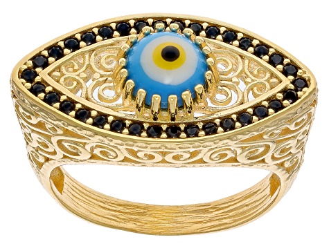 Enamel & Black Spinel 18K Yellow Gold Over Sterling Silver Evil Eye Ring